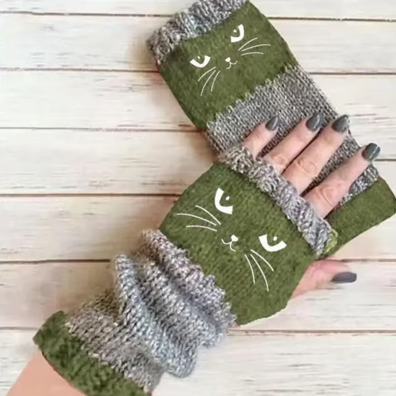 🐱 Purr-fectly Cozy: Embroidered Cat Fingerless Gloves 🧶