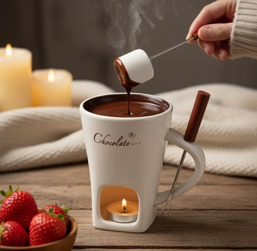 Mini Ceramic Fondue Mug Set – Chocolate & Cheese Melting Pot