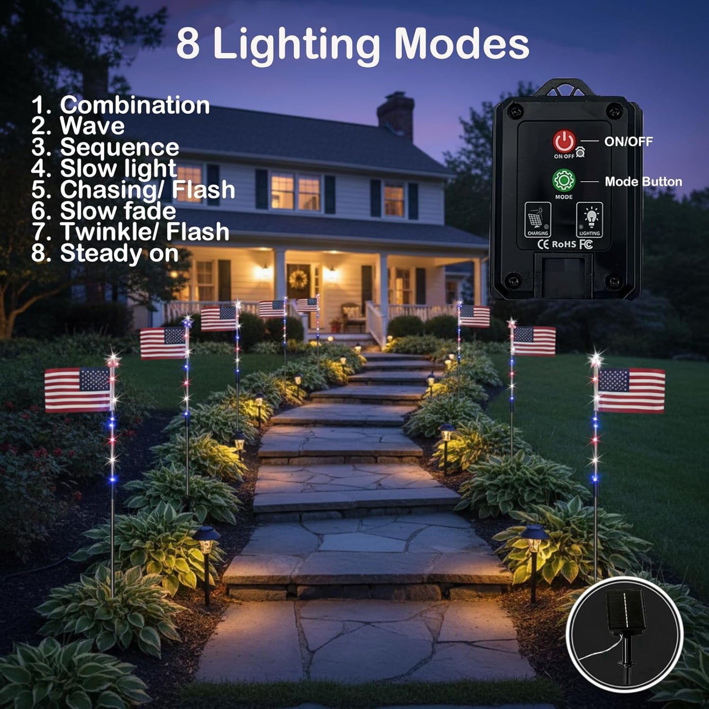 250th Anniversary Solar American Flag Lights – 8PCS Patriotic Pathway Lights