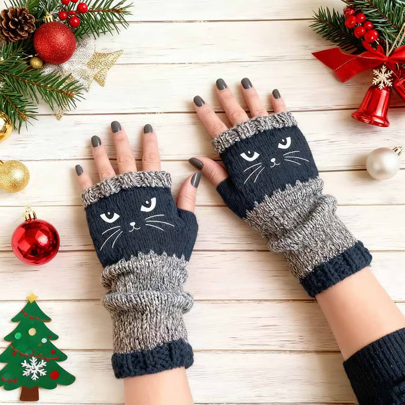 🐱 Purr-fectly Cozy: Embroidered Cat Fingerless Gloves 🧶