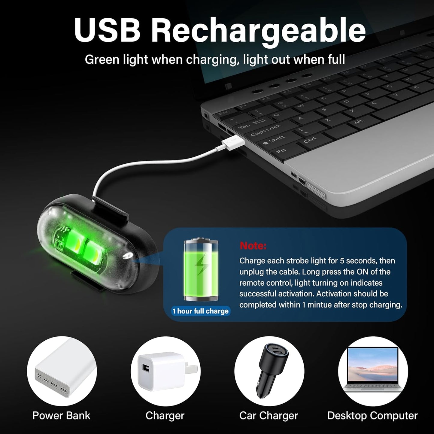 Odeiun™ Remote Control LED Strobe Lights - 8 Colors, IP65 Waterproof, USB Rechargeable