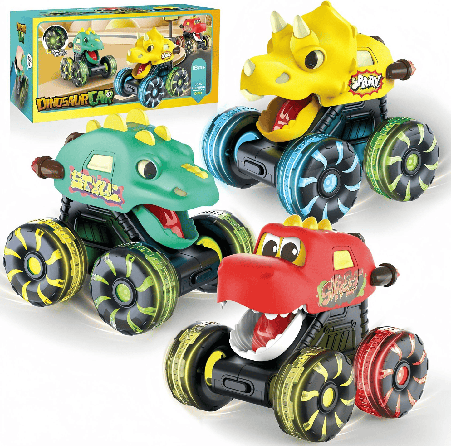 Light-Up Dino Trucks | Press & Go Toy Cars with Moving Jaws for Toddlers
