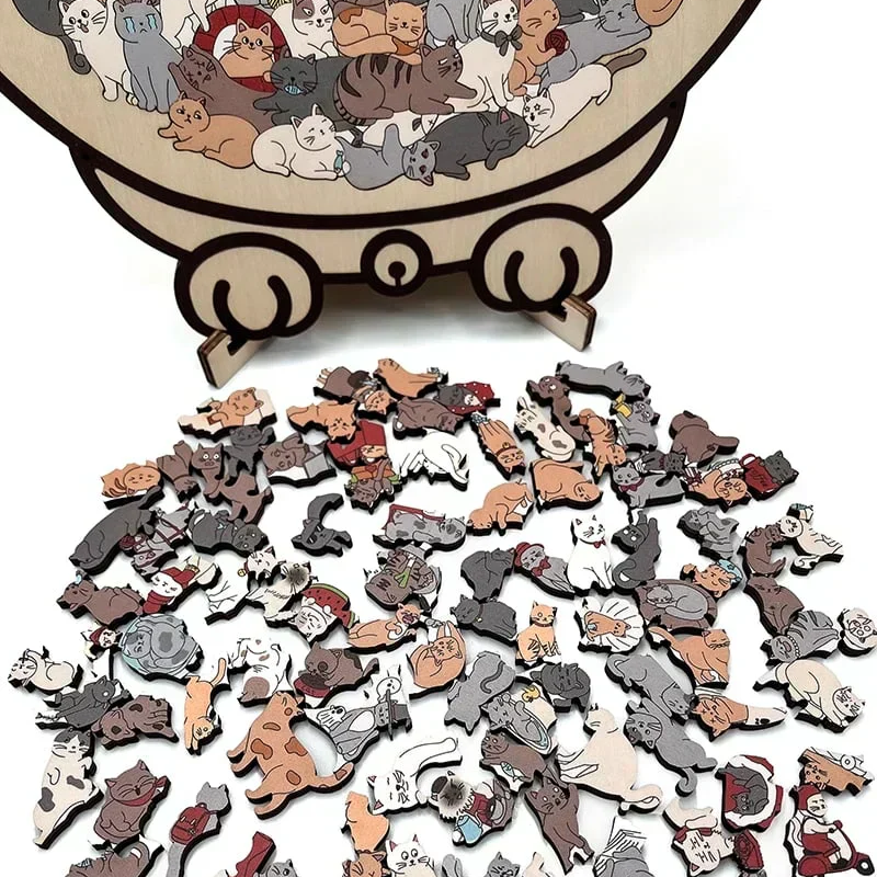 🎁135-Piece Morandi-Colored Cat Shaped Wooden Jigsaw Puzzle