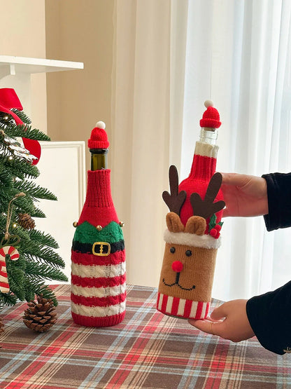Christmas Wine Bottle Cover – Santa & Reindeer Holiday Wine Decoration Set