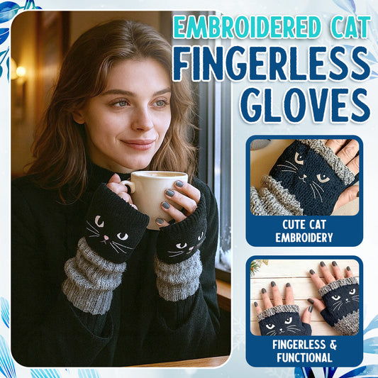 🐱 Purr-fectly Cozy: Embroidered Cat Fingerless Gloves 🧶