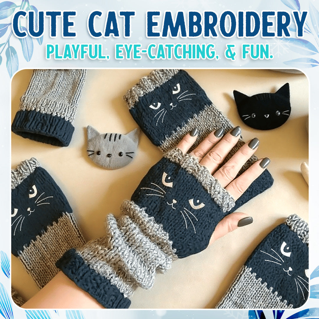 🐱 Purr-fectly Cozy: Embroidered Cat Fingerless Gloves 🧶