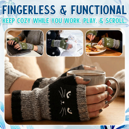🐱 Purr-fectly Cozy: Embroidered Cat Fingerless Gloves 🧶