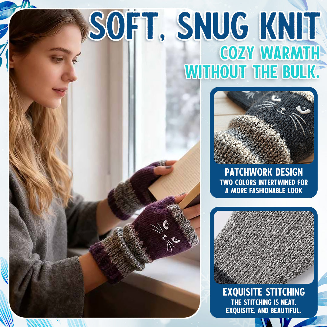 🐱 Purr-fectly Cozy: Embroidered Cat Fingerless Gloves 🧶