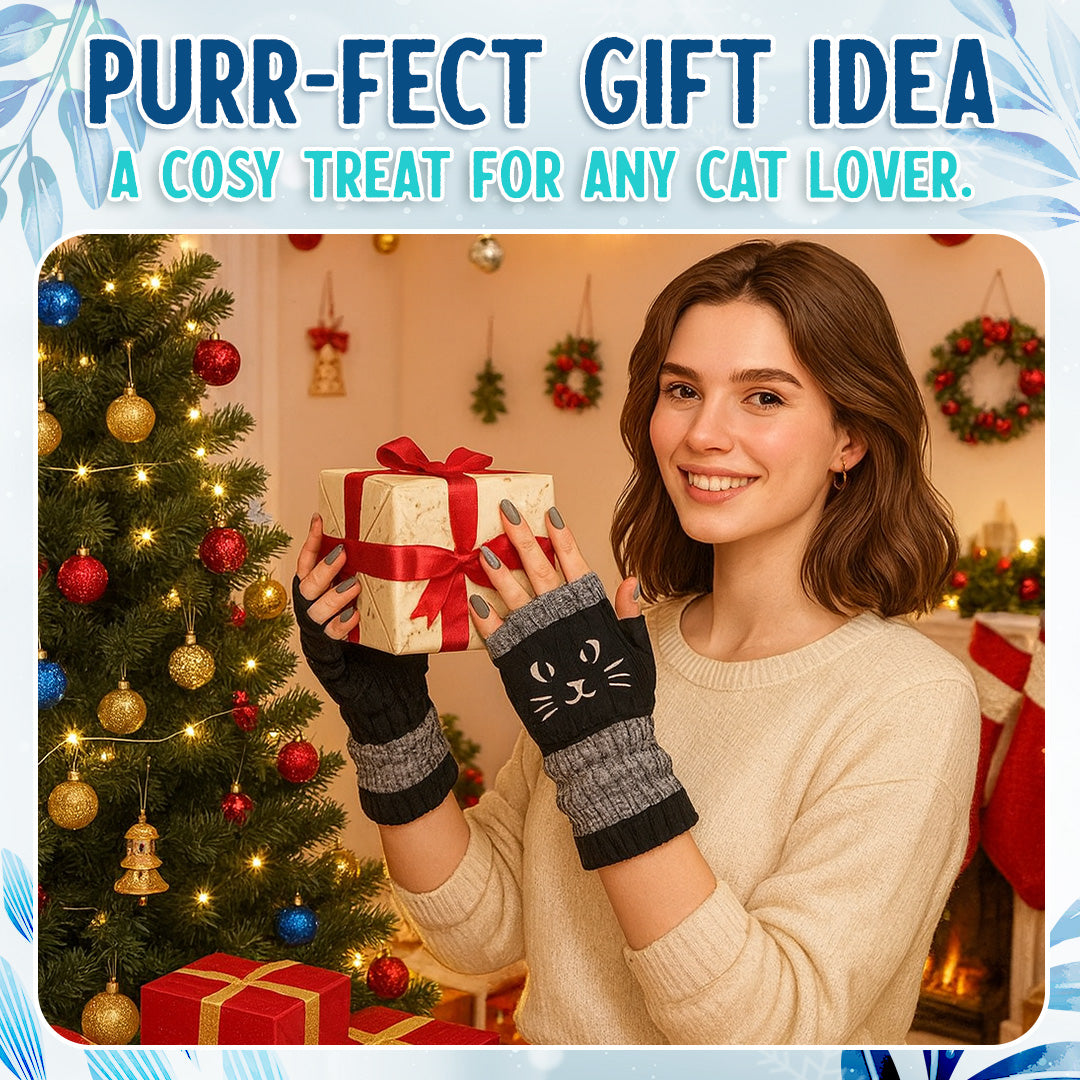 🐱 Purr-fectly Cozy: Embroidered Cat Fingerless Gloves 🧶
