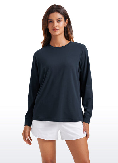 Pima Cotton Long Sleeve Loose Shirts Crew Neck