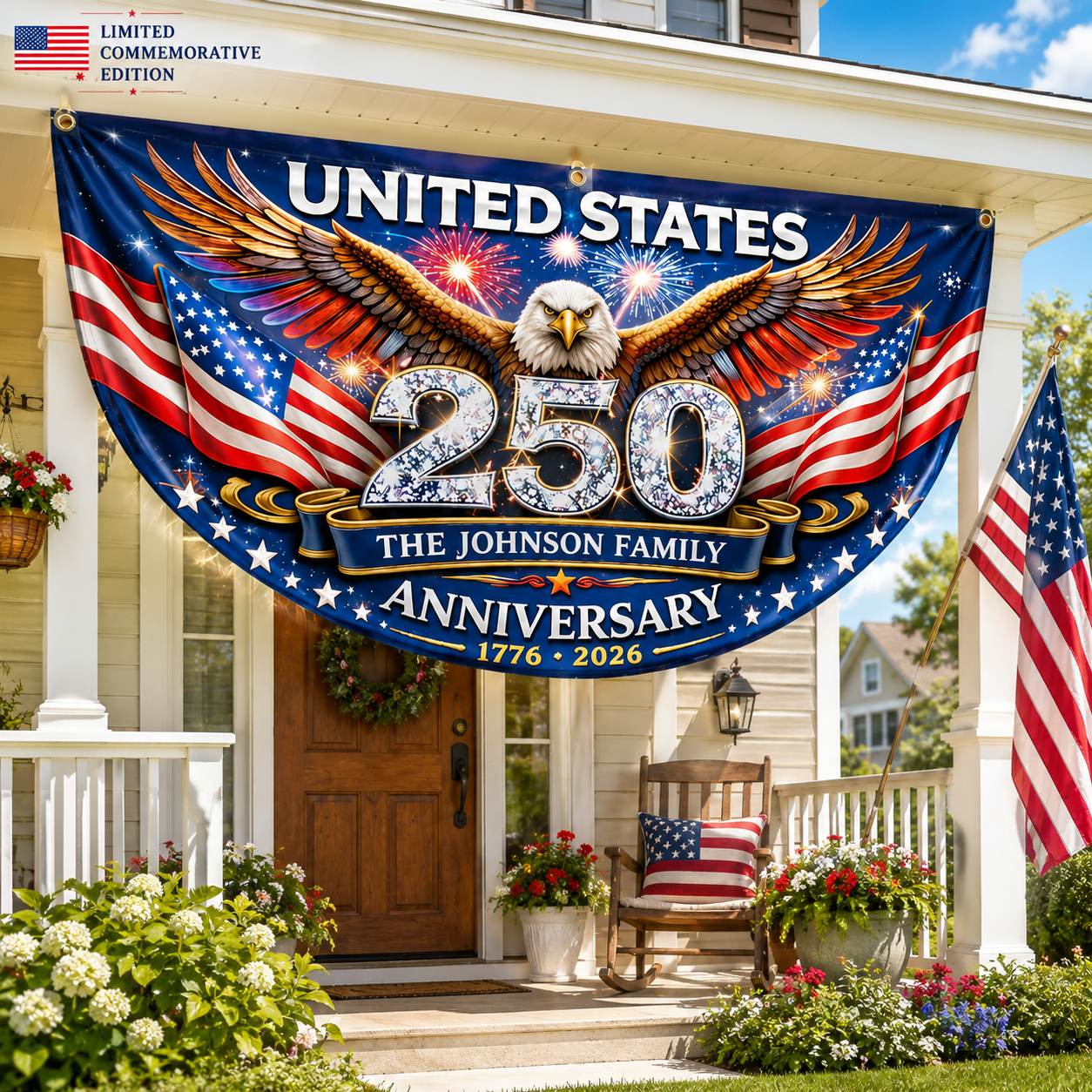 Freedom Family Name 250th Birthday - America Freedom With Eagle - Non-Pleated Fan Flag