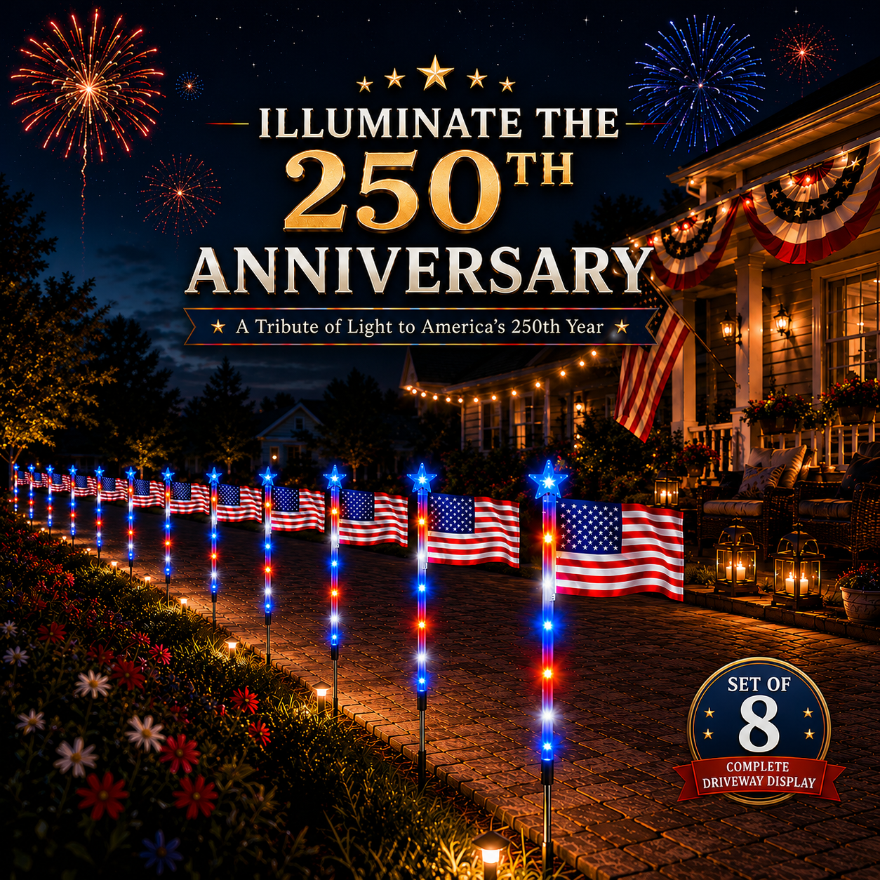 250th Anniversary Solar American Flag Lights – 8PCS Patriotic Pathway Lights