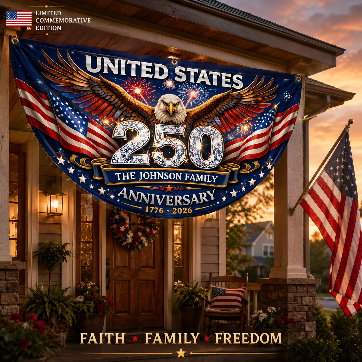 Freedom Family Name 250th Birthday - America Freedom With Eagle - Non-Pleated Fan Flag